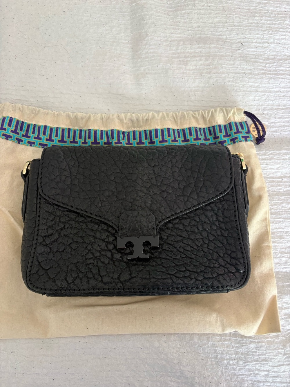 Tory Burch Black Pebbled Leather Logo Crossbody